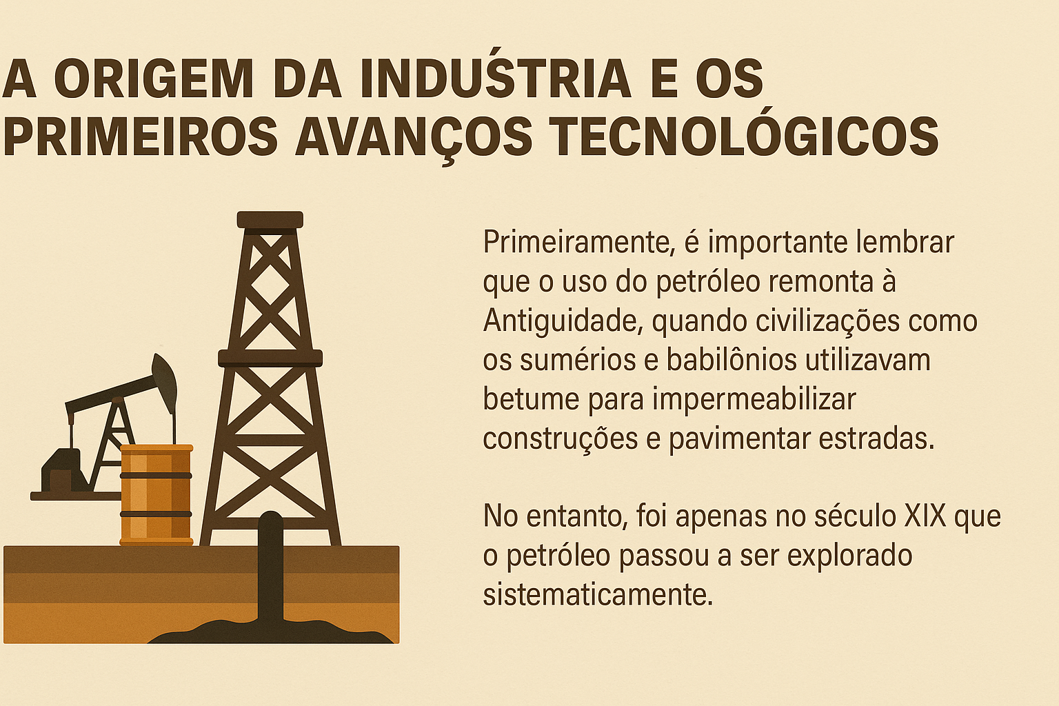 Infográfico em estilo vintage de uma torre de perfuração de petróleo e um poço artesanal ao lado de um barril, com texto explicando o início da exploração de petróleo na Antiguidade e no século XIX.