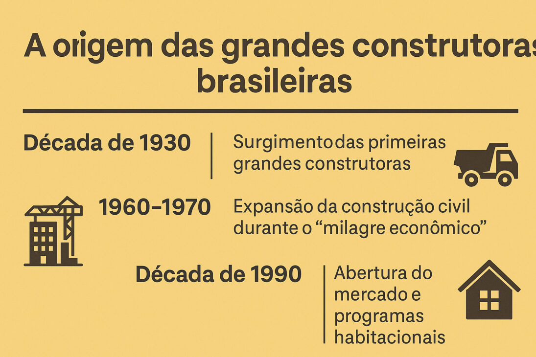 Infográfico com linha do tempo ilustrando a origem das grandes construtoras brasileiras desde a década de 1930 até os anos 1990, com ícones representando caminhão, guindaste e casa.