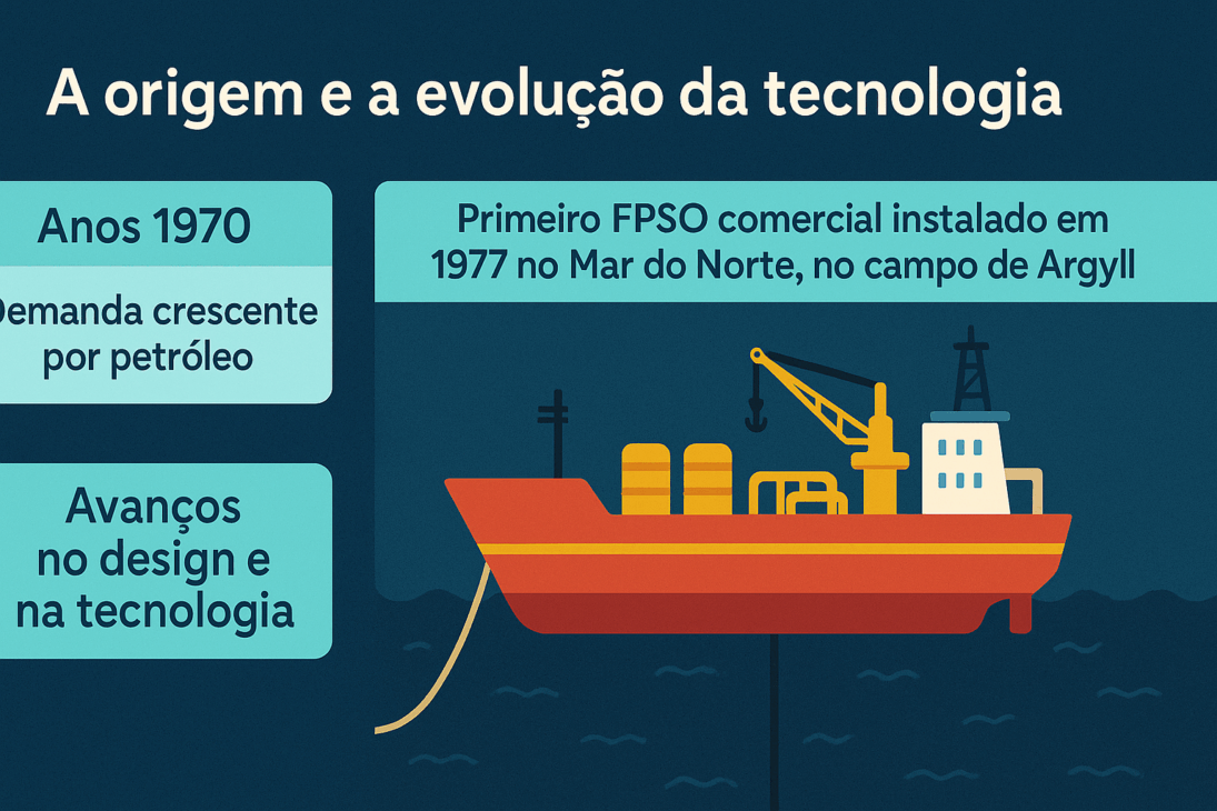 Infográfico sobre a origem e evolução da tecnologia FPSO, com destaque para o início nos anos 1970, o primeiro FPSO comercial em 1977 e os avanços tecnológicos posteriores.