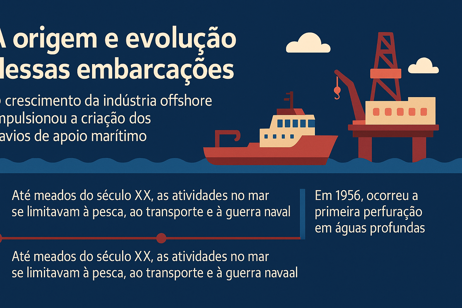 Infográfico ilustrando a origem e evolução dos navios de apoio marítimo, com navio e plataforma de petróleo, em estilo plano e cores azul, vermelho e bege.