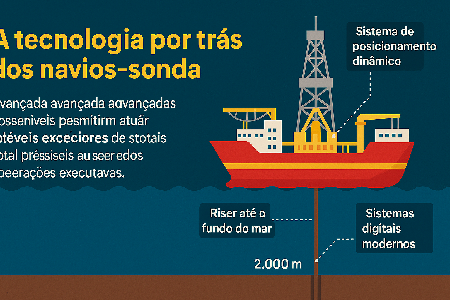Infográfico sobre a tecnologia por trás dos navios-sonda, com ilustração de navio em alto-mar, torre de perfuração e destaques para sistemas tecnológicos como posicionamento dinâmico, riser e controle digital.