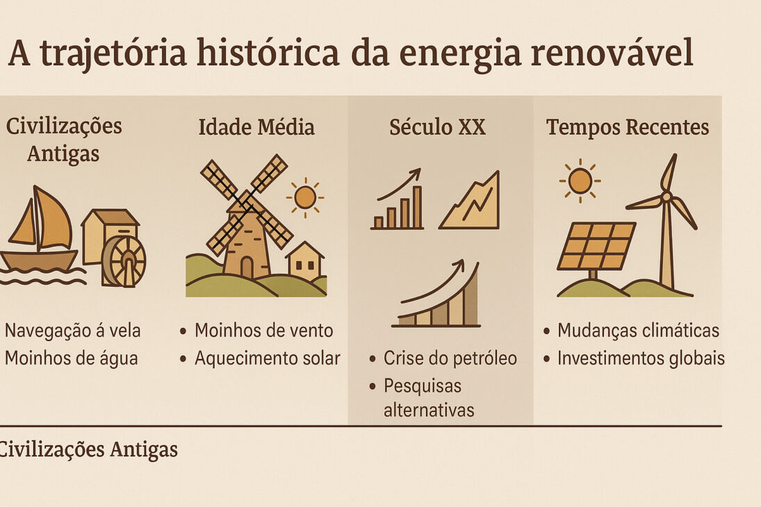 Infográfico ilustrando a trajetória histórica da energia renovável, com marcos desde as civilizações antigas até os tempos recentes, incluindo navegação à vela, moinhos de vento, crise do petróleo e uso de energia solar e eólica.
