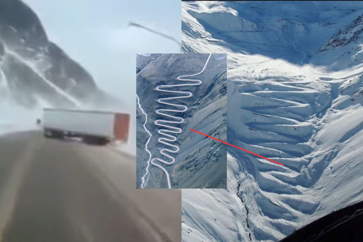 Caminhão atravessado na Cuesta Caracoles coberta de neve, uma das estradas mais perigosas do mundo na Cordilheira dos Andes entre Chile e Argentina, com imagens aéreas e comparativas do traçado em zigue-zague.