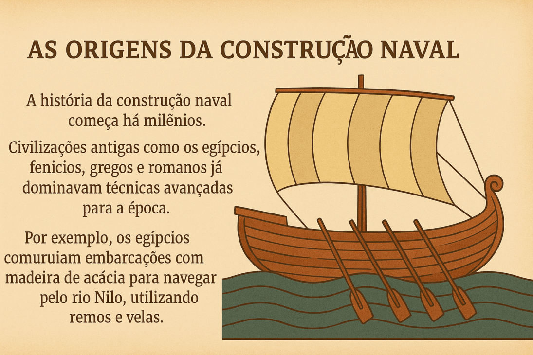 Infográfico em estilo vintage mostrando um navio egípcio antigo com velas e remos sobre ondas, ao lado de um texto central explicativo sobre a origem da construção naval por civilizações antigas como egípcios, fenícios, gregos e romanos.