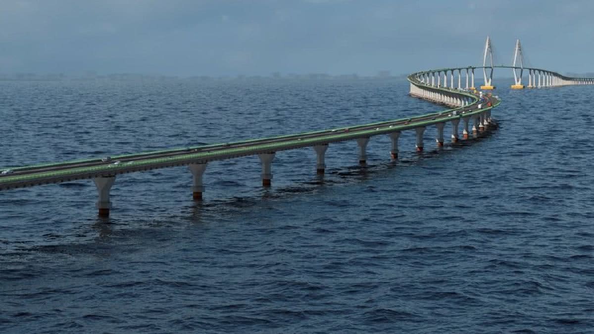 Imagem aérea da futura ponte Salvador-Itaparica sobre o mar, destacando a grandiosidade da obra.