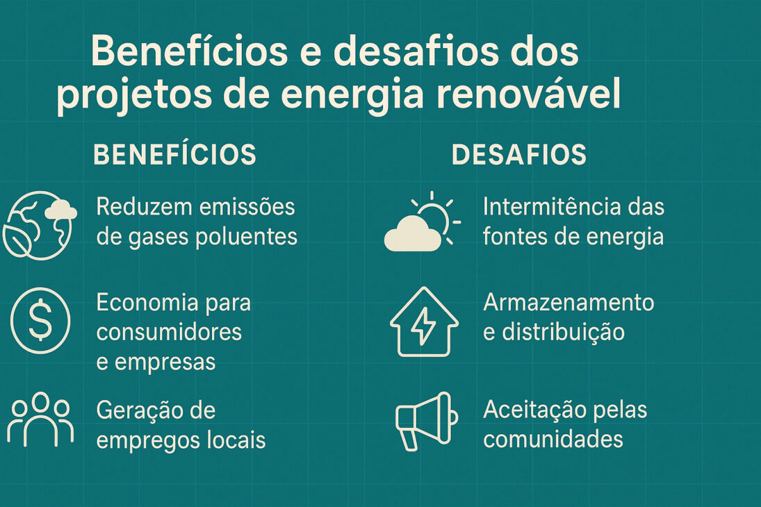 Infográfico comparando os benefícios e desafios dos projetos de energia renovável, com ícones ilustrativos para cada ponto listado.