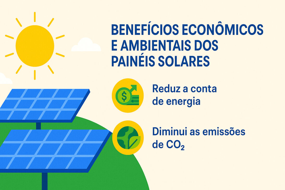 Infográfico com painéis solares sob o sol e ícones destacando os benefícios econômicos e ambientais da energia solar, como economia na conta de energia e redução das emissões de CO₂.