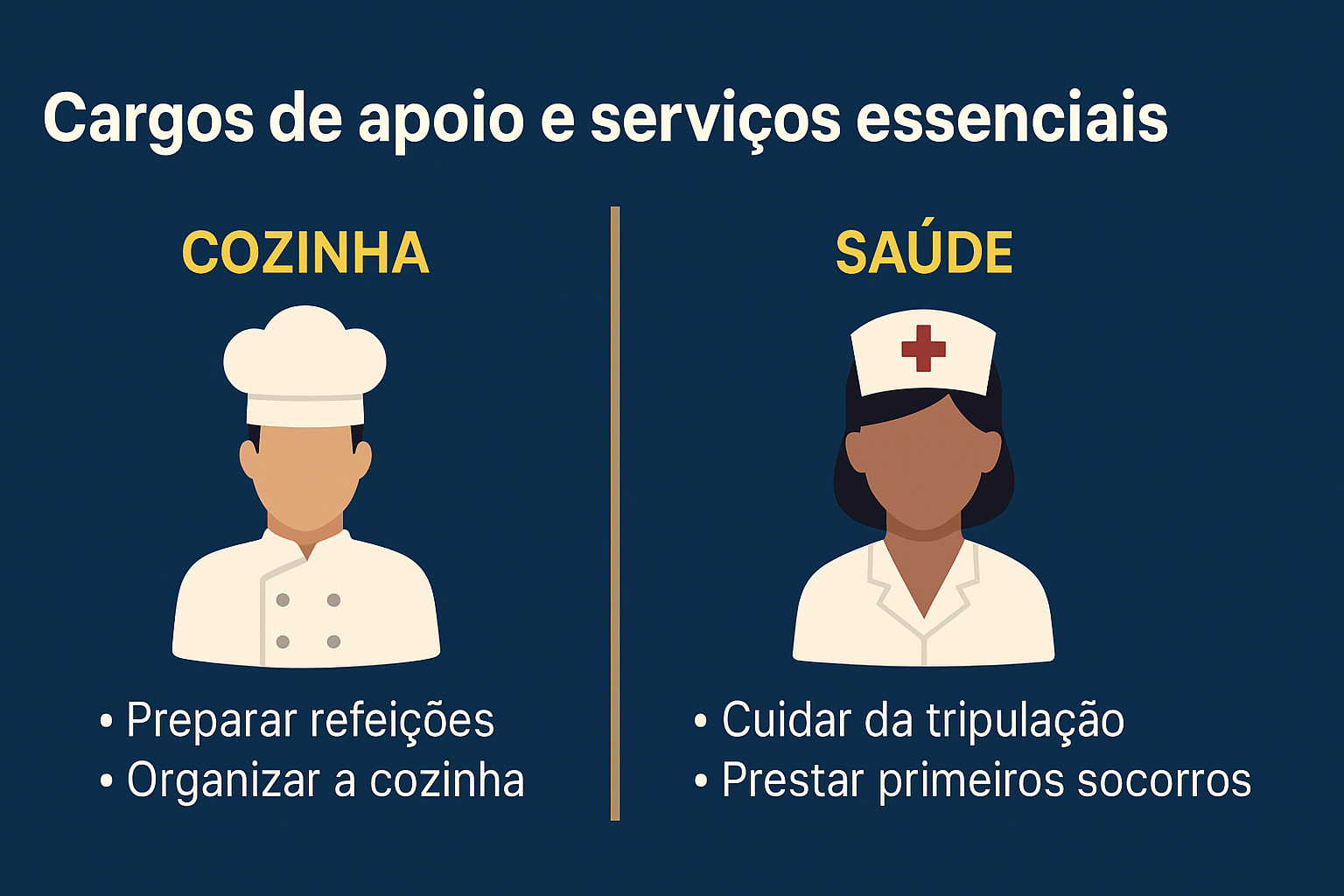 Infográfico em fundo azul escuro mostrando dois setores de apoio na indústria naval: cozinha (com um cozinheiro) e saúde (com uma enfermeira), com descrições resumidas das funções de cada cargo.
