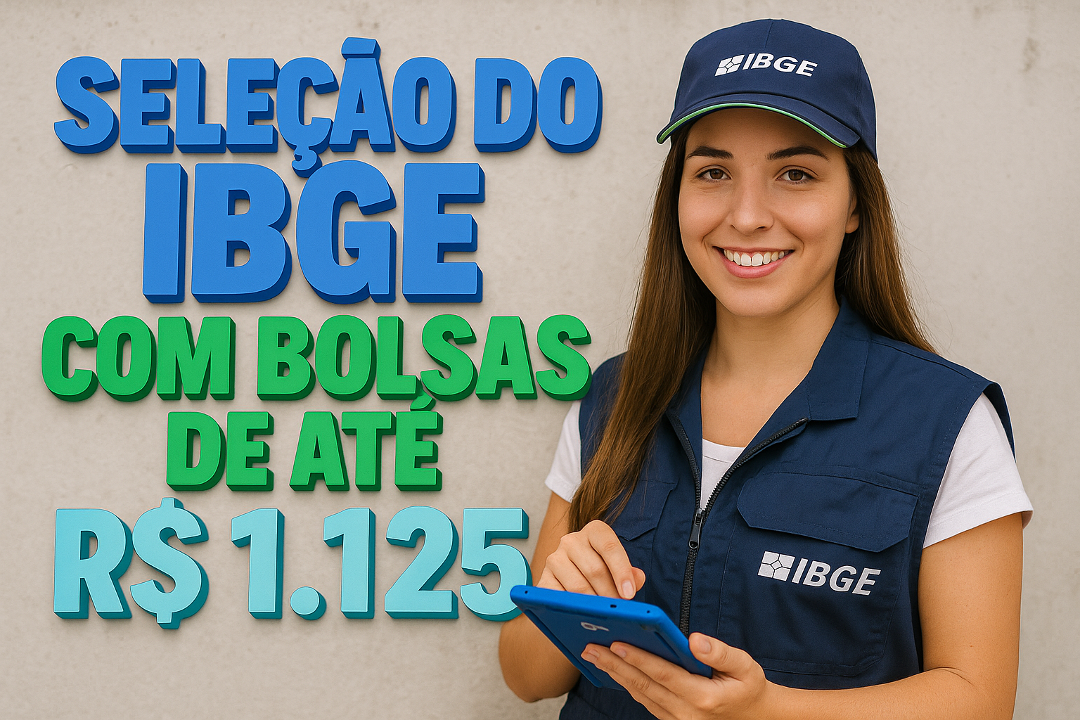 Jovem recenseadora do IBGE sorri com tablet em mãos diante de parede clara, ao lado de texto 3D sobre bolsas de estágio de até R$ 1.125.