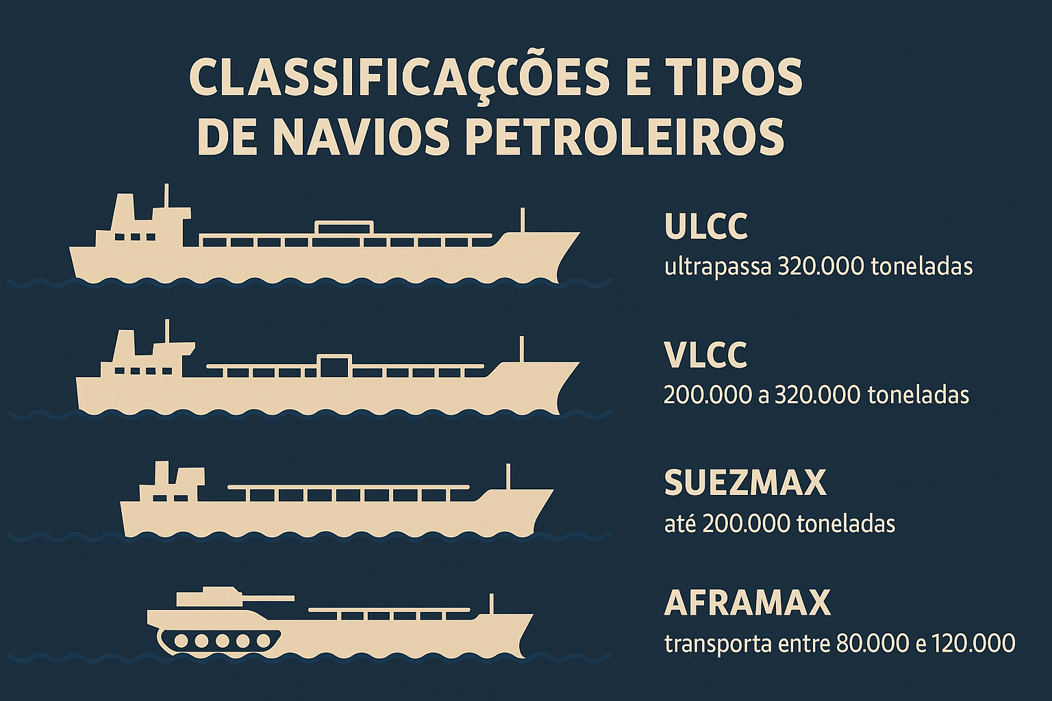 Infográfico ilustrando os principais tipos de navios petroleiros classificados por capacidade: ULCC, VLCC, Suezmax e Aframax.