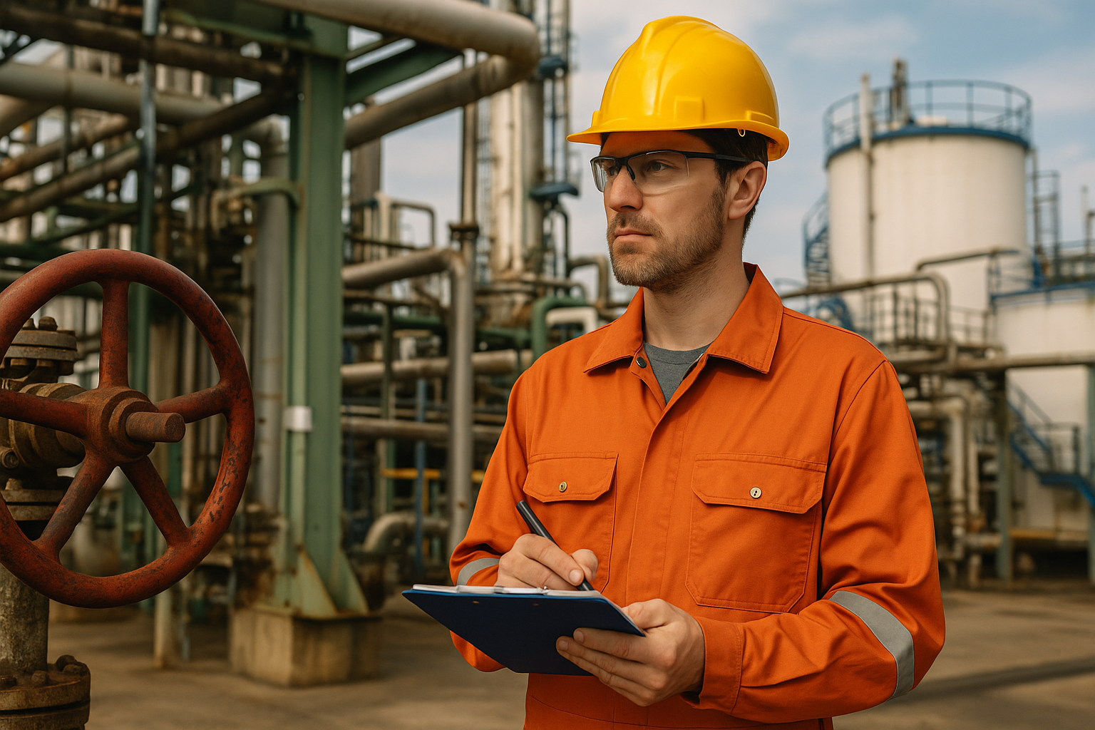 Engenheiro de petróleo e gás com prancheta em refinaria industrial