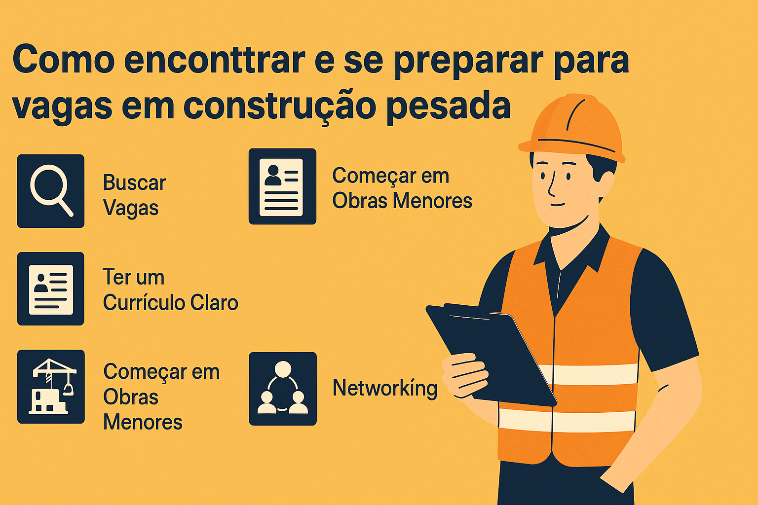 Infográfico com dicas sobre como encontrar e se preparar para vagas em construção pesada, com ícones representando busca de vagas, currículo, obras menores e networking ao lado de um trabalhador com capacete e prancheta.