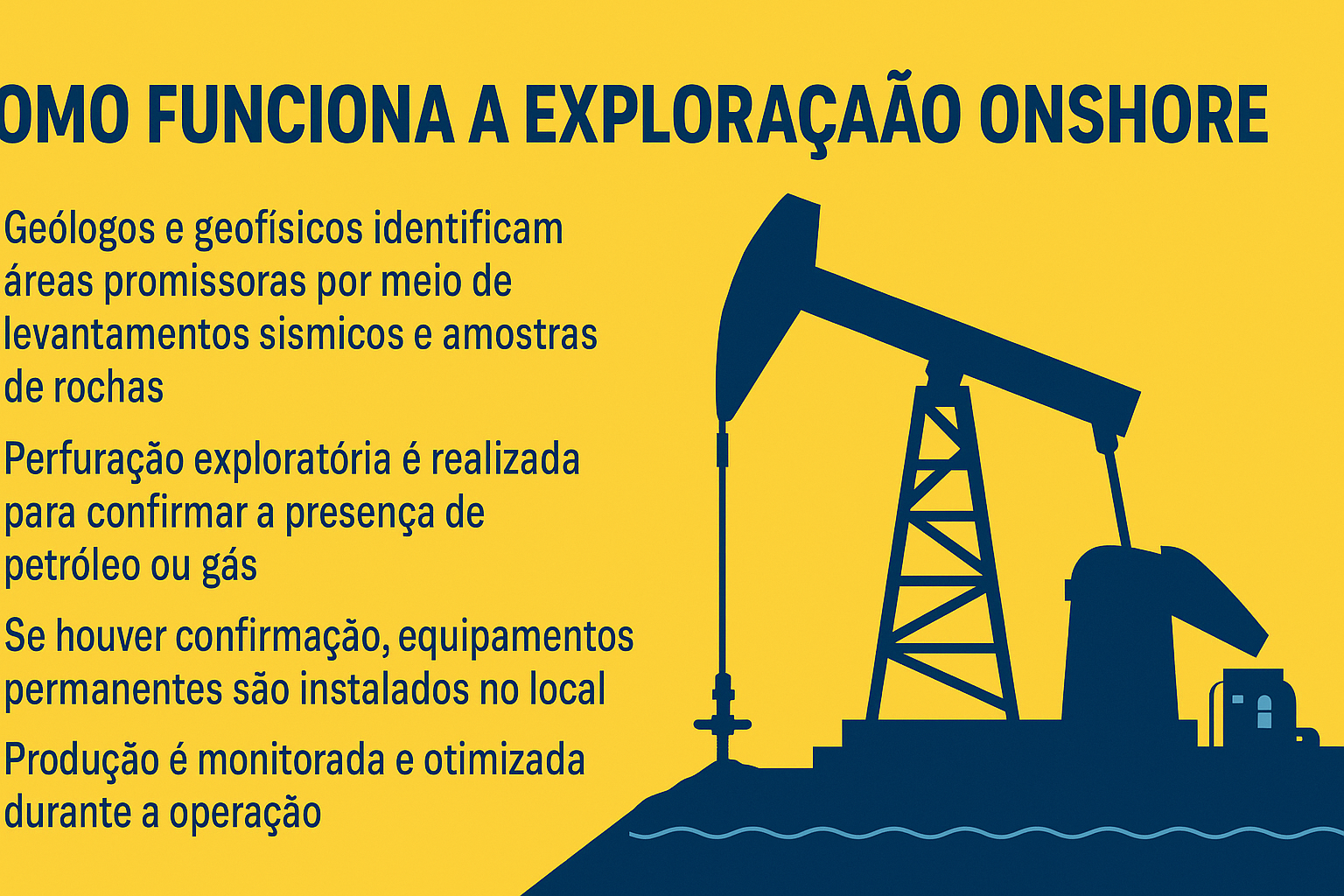 Infográfico explicando as etapas do funcionamento da exploração onshore, com ilustração de bomba de extração de petróleo sobre fundo amarelo.