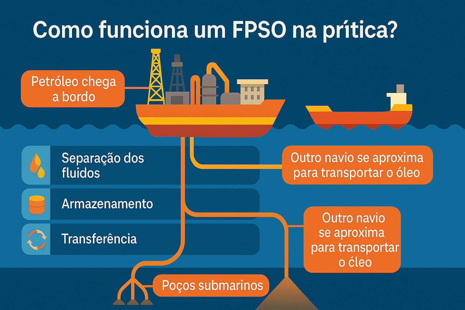 Infográfico ilustrando o funcionamento de um FPSO, com destaque para poços submarinos, separação de fluidos, armazenamento e transferência de petróleo para navios aliviadores.