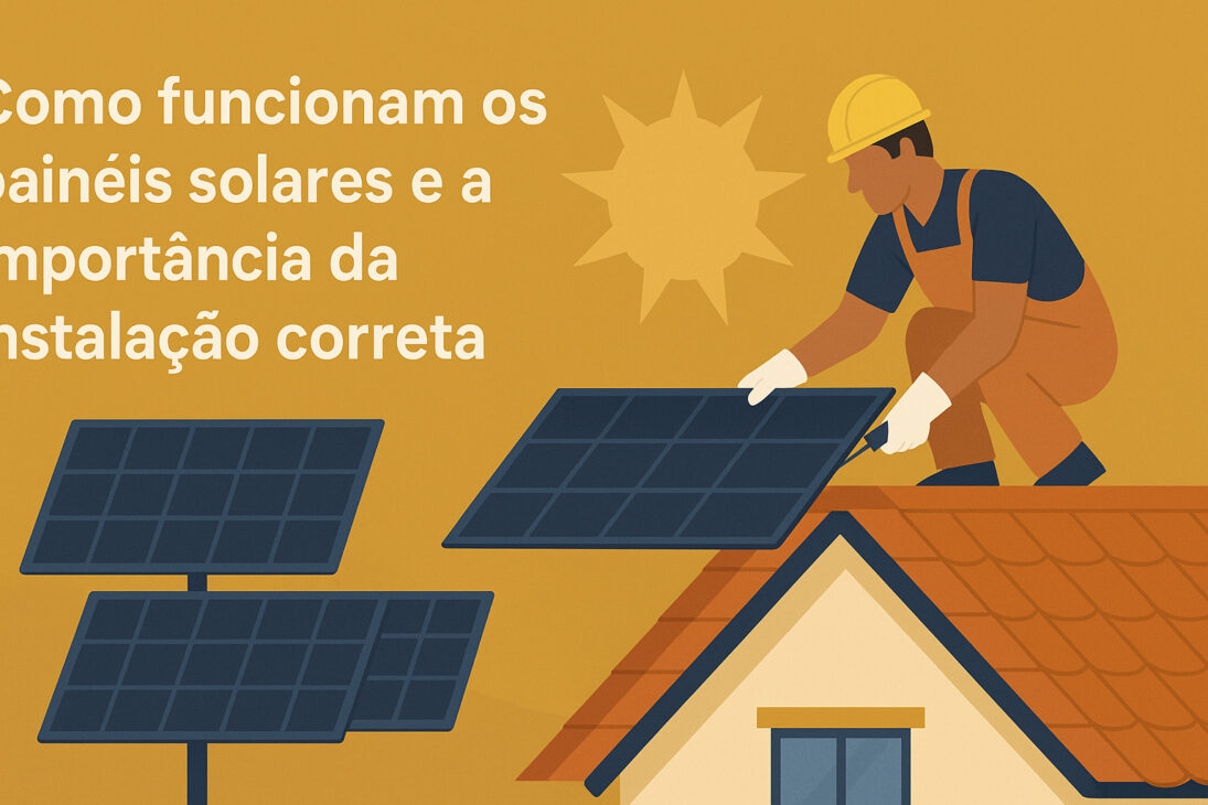 Infográfico de um técnico instalando painéis solares no telhado de uma casa sob o sol, ao lado de painéis solares em solo e texto explicativo sobre seu funcionamento e instalação correta.