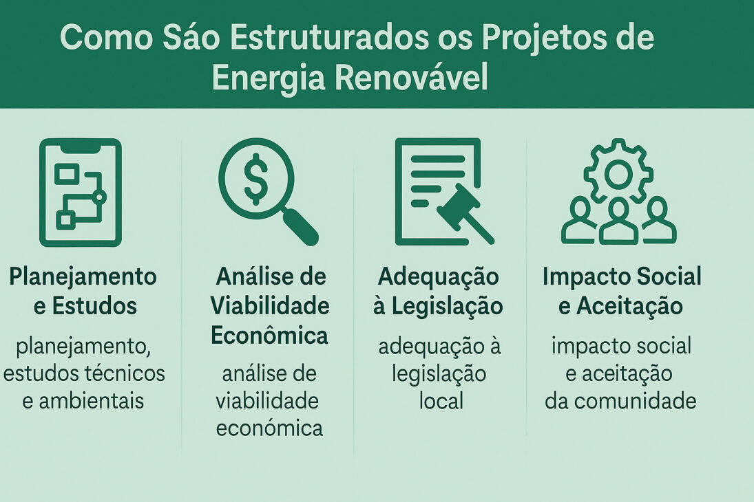 Infográfico explicando a estrutura dos projetos de energia renovável, com quatro etapas: planejamento e estudos, análise de viabilidade econômica, adequação à legislação e impacto social e aceitação.