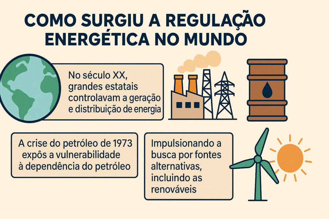 Infográfico ilustrando a origem da regulação energética no mundo, com ícones de planeta, usinas, barril de petróleo, turbina eólica e sol, destacando eventos como o controle estatal no século XX e a crise do petróleo de 1973.
