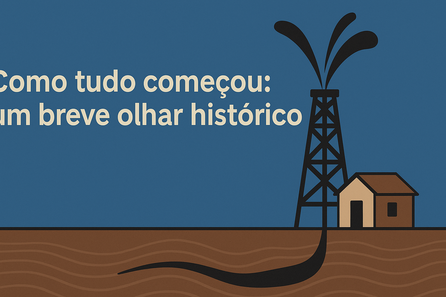 Infográfico em estilo flat design mostrando uma torre de perfuração de petróleo jorrando óleo ao lado de uma pequena construção, com o texto "Como tudo começou: um breve olhar histórico" sobre um fundo azul.