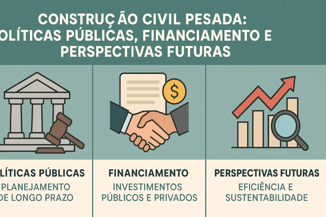 Infográfico sobre políticas públicas, financiamento e perspectivas futuras na construção civil pesada, com ícones representando governo, investimento e crescimento sustentável.