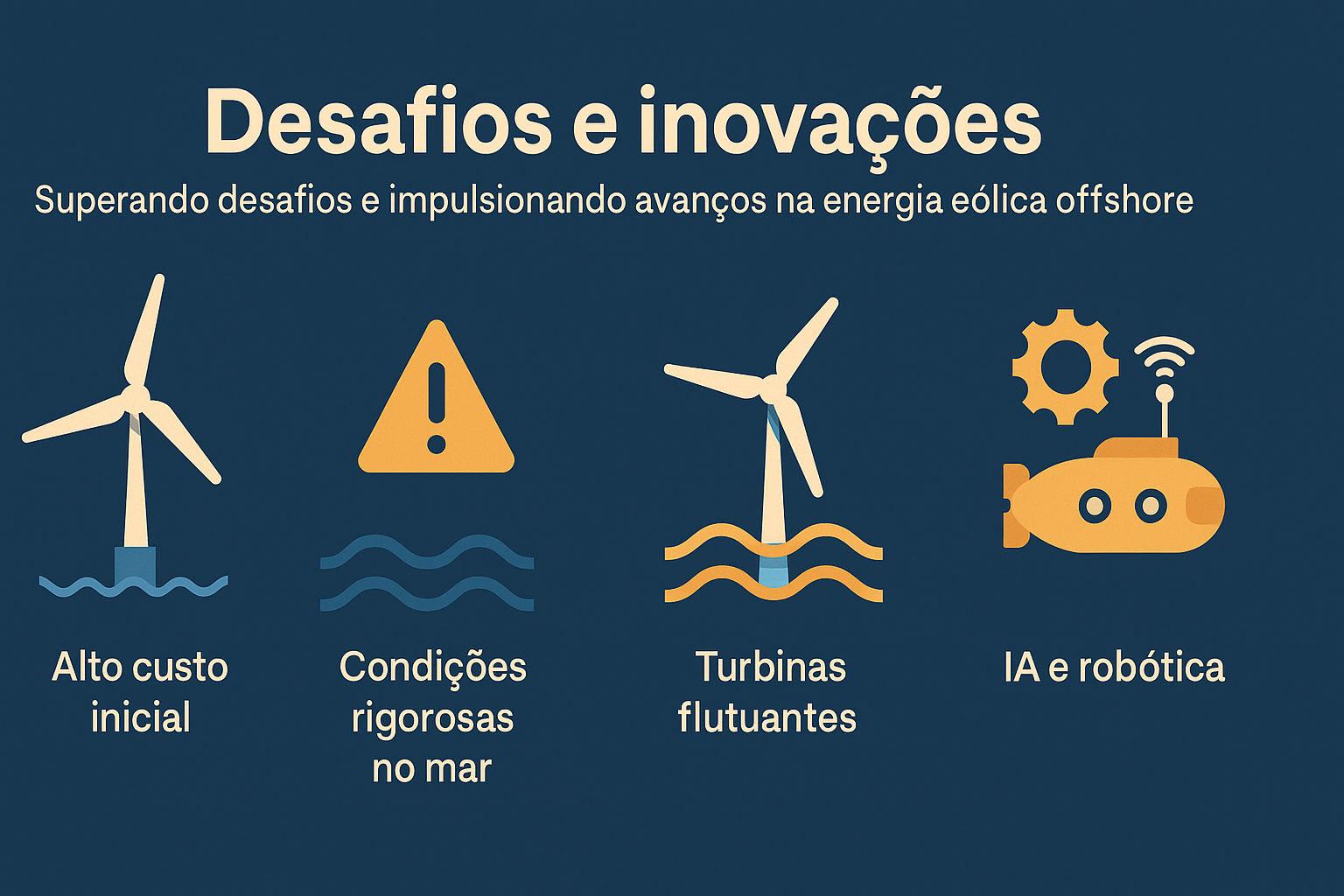 Infográfico sobre desafios e inovações na energia eólica offshore, com ícones representando alto custo inicial, condições rigorosas no mar, turbinas flutuantes e uso de inteligência artificial e robótica.