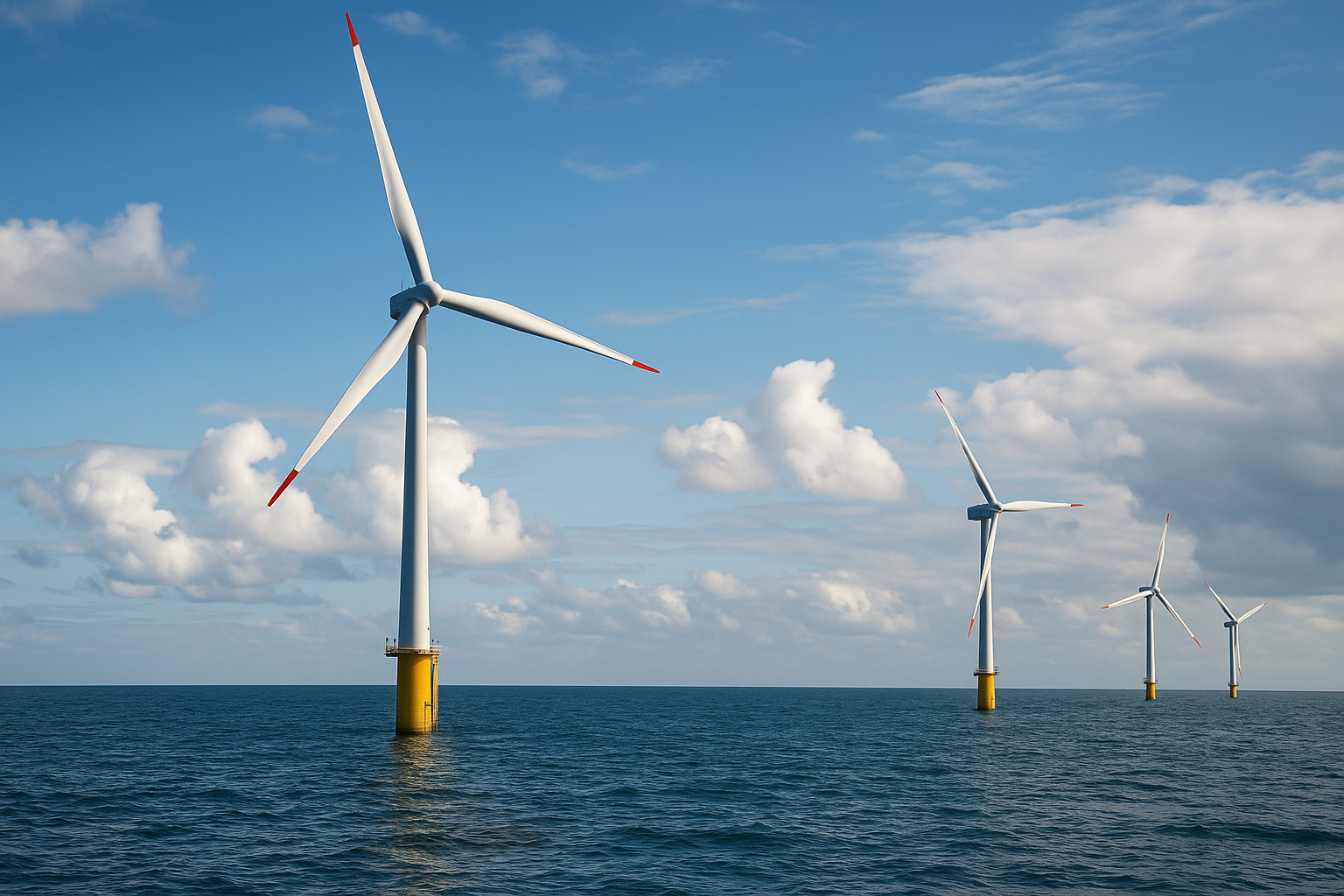 Turbinas de energia eólica offshore em alto-mar sob céu azul com nuvens.