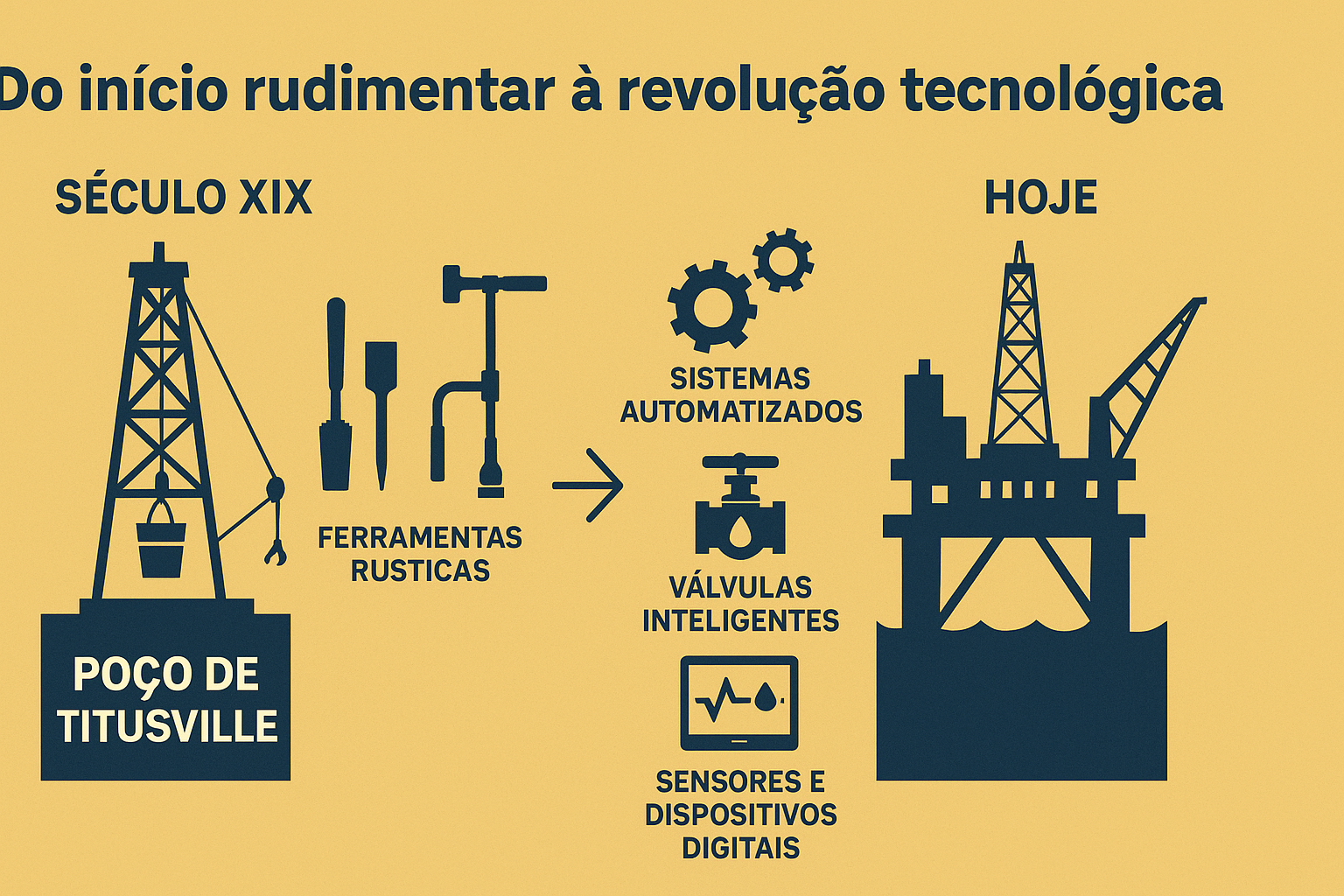 Infográfico mostrando a evolução dos equipamentos de petróleo e gás, desde ferramentas rudimentares do século XIX até plataformas offshore modernas com sistemas automatizados.