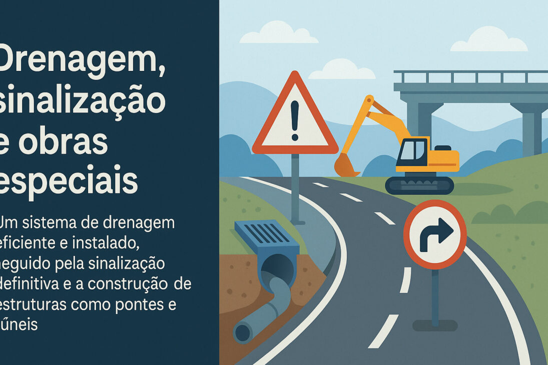 Infográfico ilustrando drenagem, sinalização e obras especiais em rodovias, com escavadeira, placas de trânsito e construção de ponte.