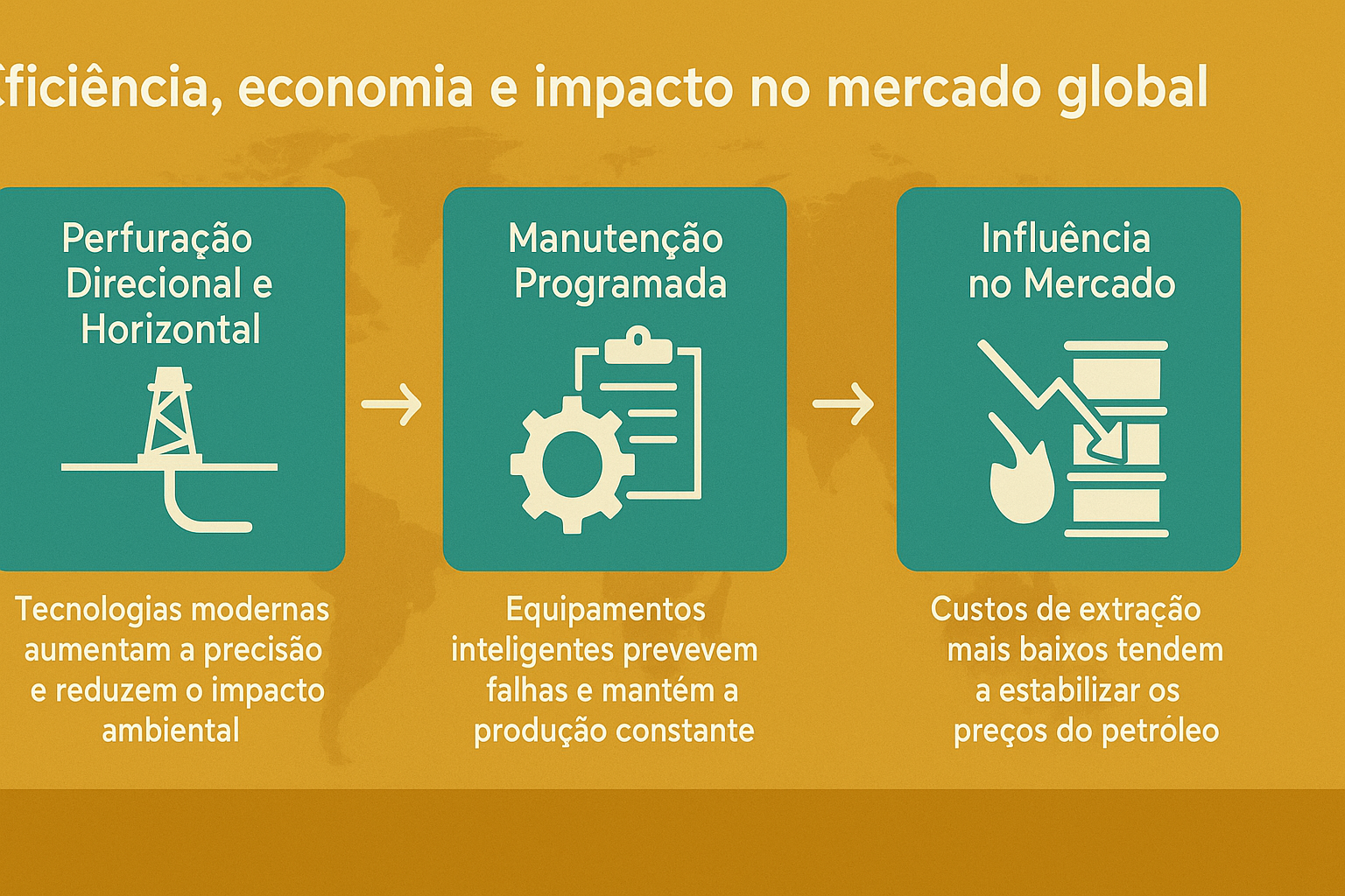 Infográfico ilustrando a relação entre eficiência, economia e impacto no mercado global do petróleo, com ícones de perfuração, manutenção e mercado.