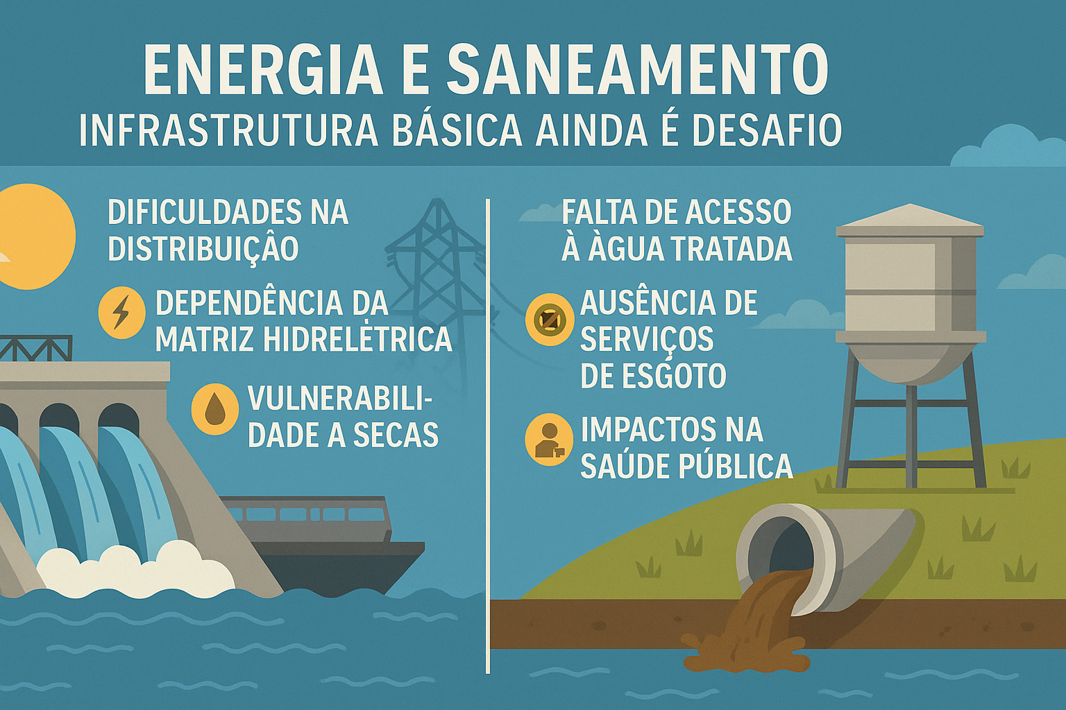  Infográfico dividido entre energia e saneamento, com ilustrações de uma usina hidrelétrica, torre de energia, caixa d’água e esgoto a céu aberto, destacando os desafios de infraestrutura no Brasil.