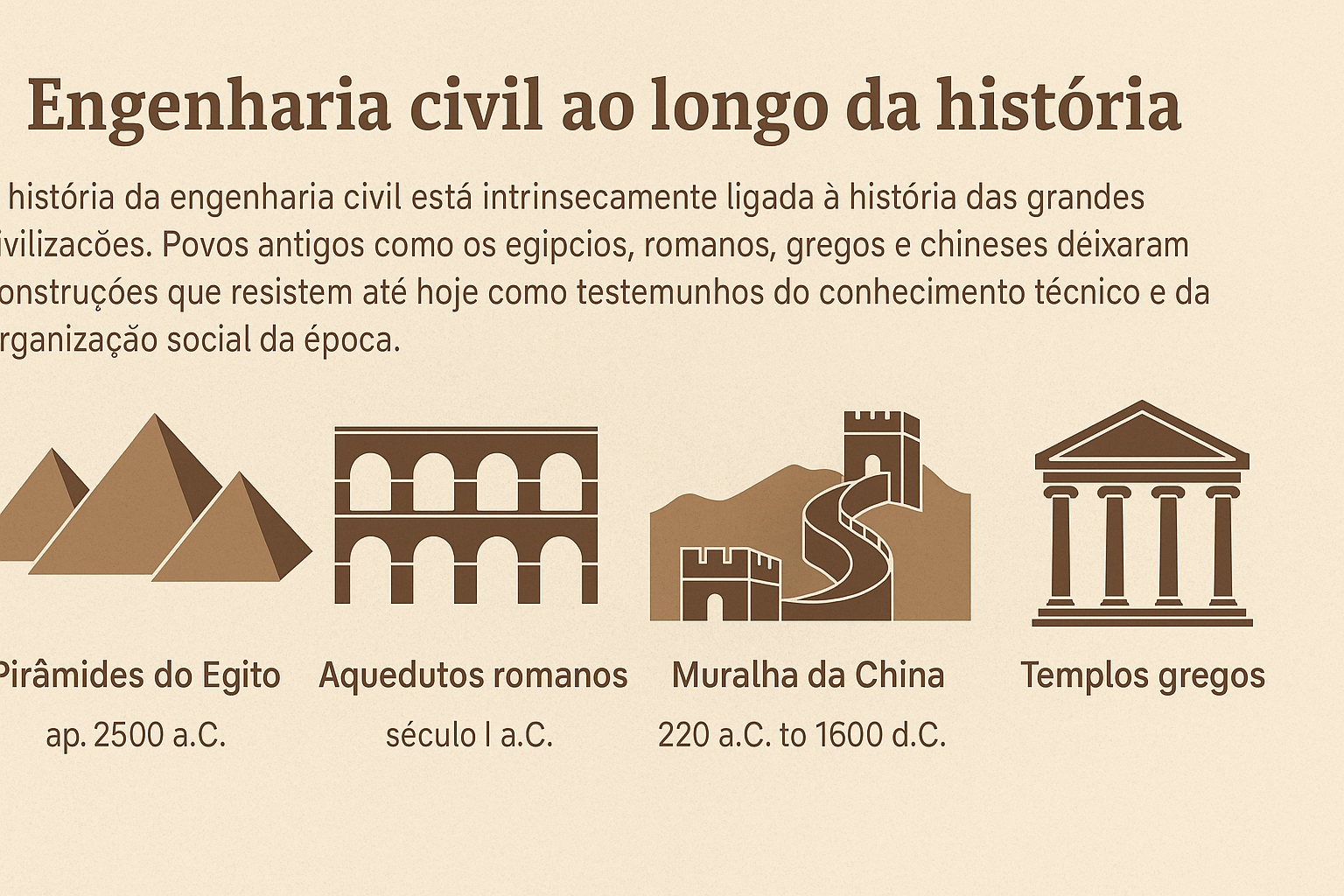 Infográfico mostrando marcos históricos da engenharia civil, incluindo as pirâmides do Egito, aquedutos romanos, Muralha da China e templos gregos.