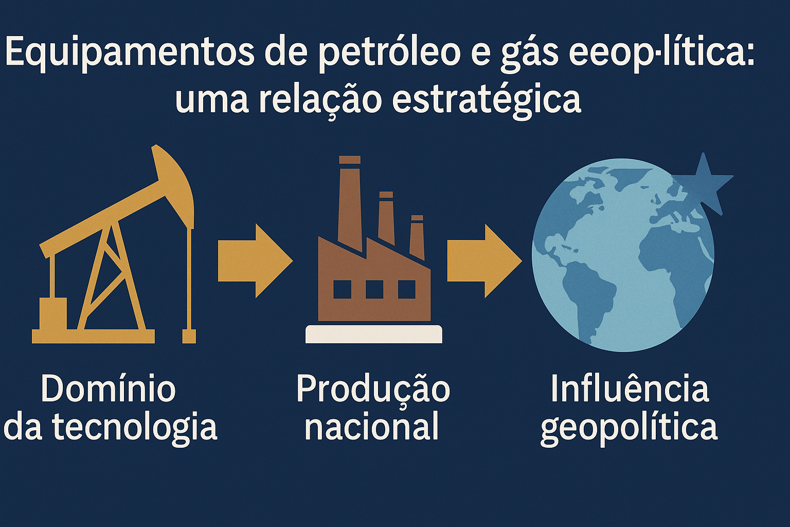 Infográfico mostrando a relação estratégica entre equipamentos de petróleo e gás, produção nacional e influência geopolítica, com ícones de torre de perfuração, fábrica e globo terrestre.