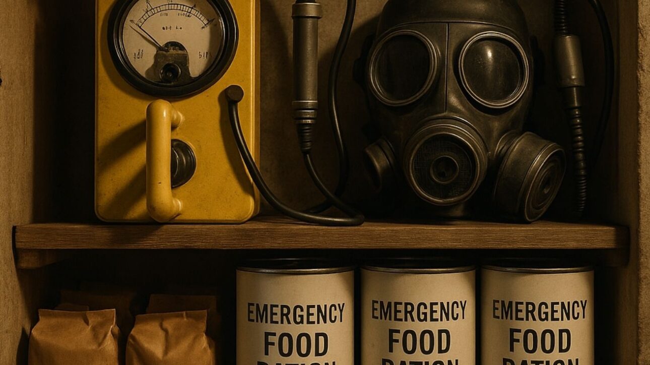 Geiger counter, máscara de gás e rações de emergência armazenadas em prateleira dentro de abrigo de sobrevivência