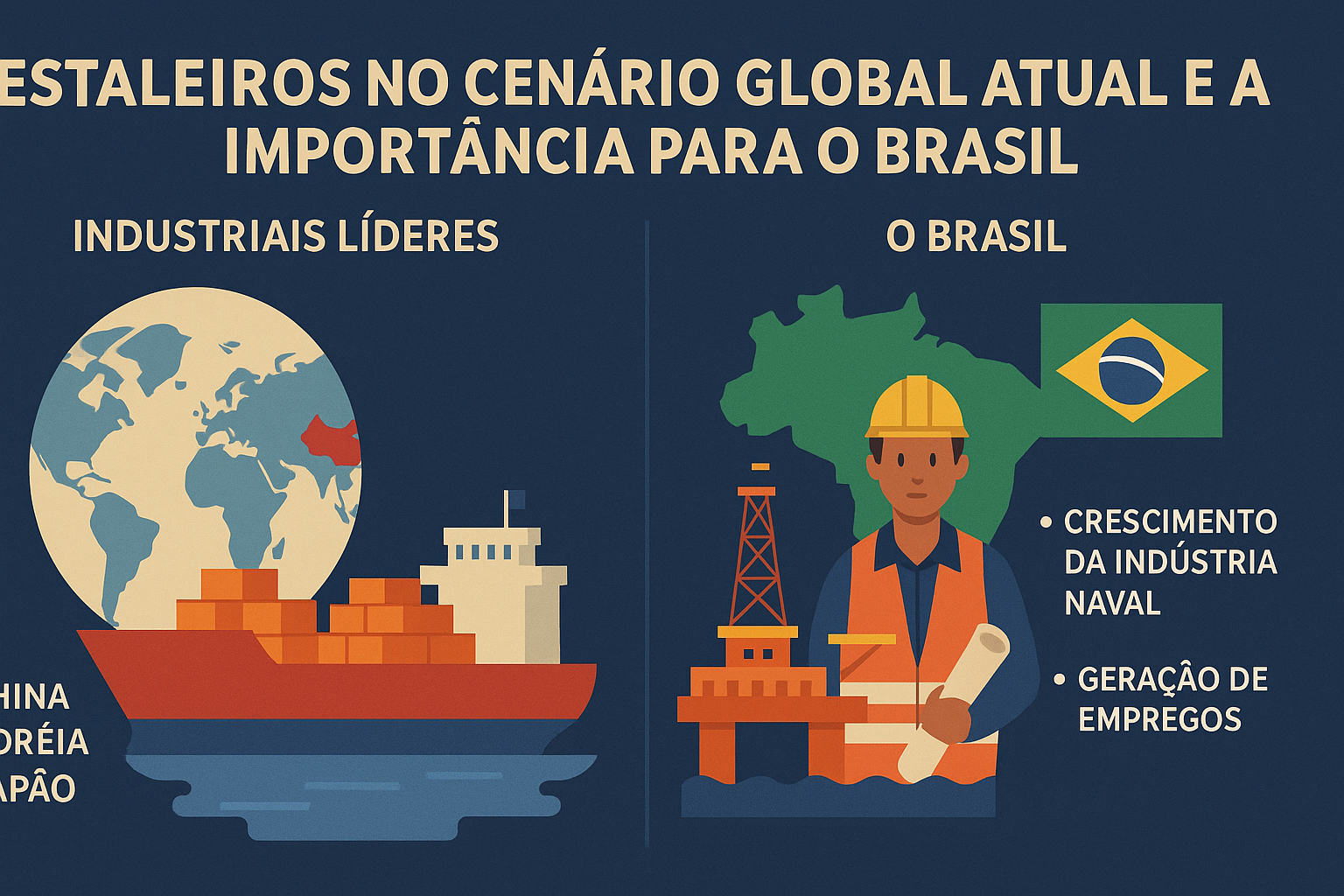 Infográfico em estilo flat mostrando líderes mundiais na indústria naval (China, Coreia do Sul e Japão) e o Brasil com destaque para o crescimento da indústria naval e geração de empregos.