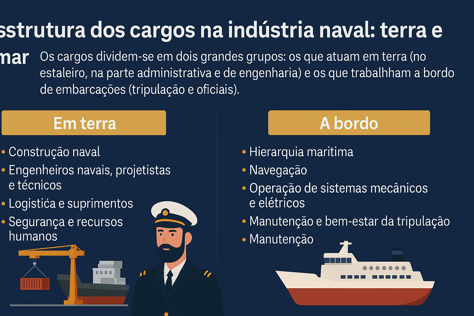 Infográfico em fundo azul marinho com o título “Estrutura dos cargos na indústria naval: terra e mar”, mostrando a divisão entre cargos em terra e a bordo, ilustrado com ícones de um guindaste portuário, um engenheiro naval e um navio.