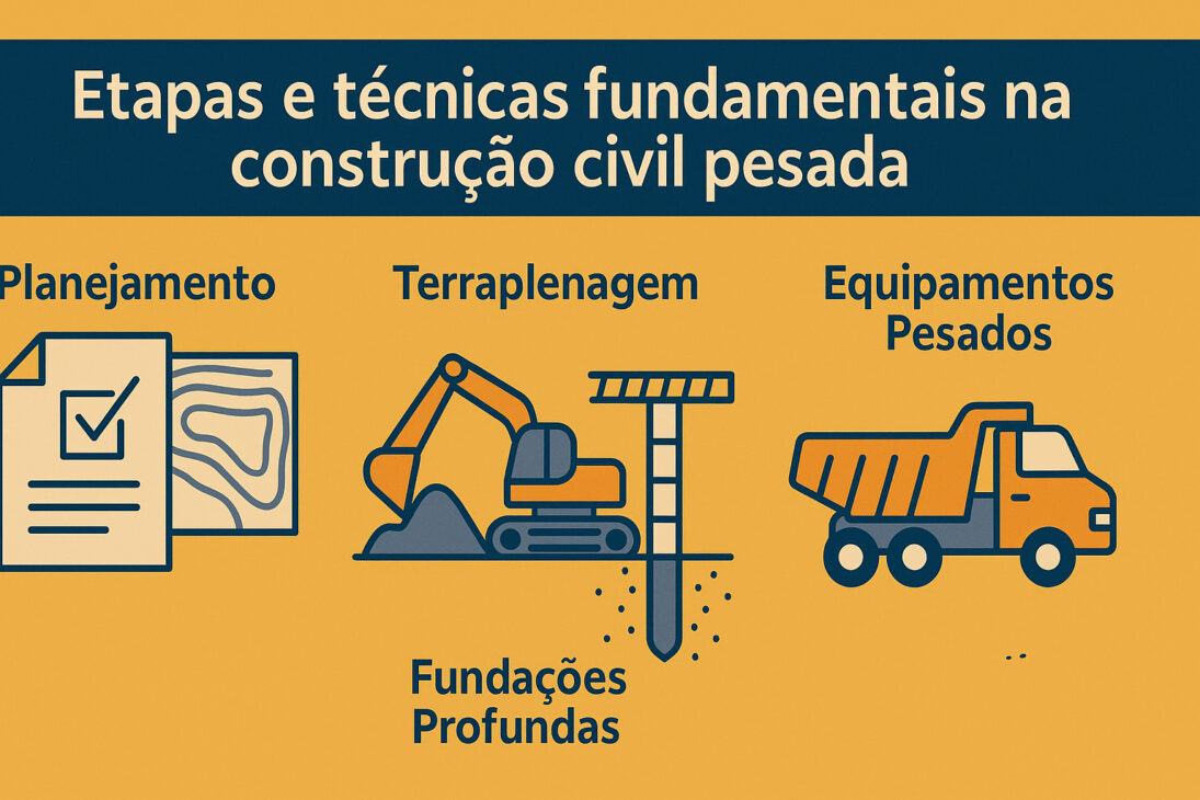 Infográfico ilustrando as etapas e técnicas fundamentais na construção civil pesada: planejamento, terraplenagem, fundações profundas e uso de equipamentos pesados.