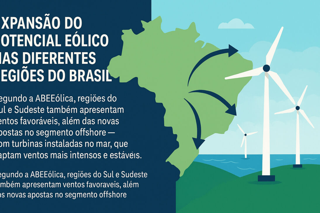 Infográfico com Mapa do Brasil destacando a expansão do potencial eólico nas regiões Sul, Sudeste e offshore, com turbinas eólicas ilustradas ao fundo.