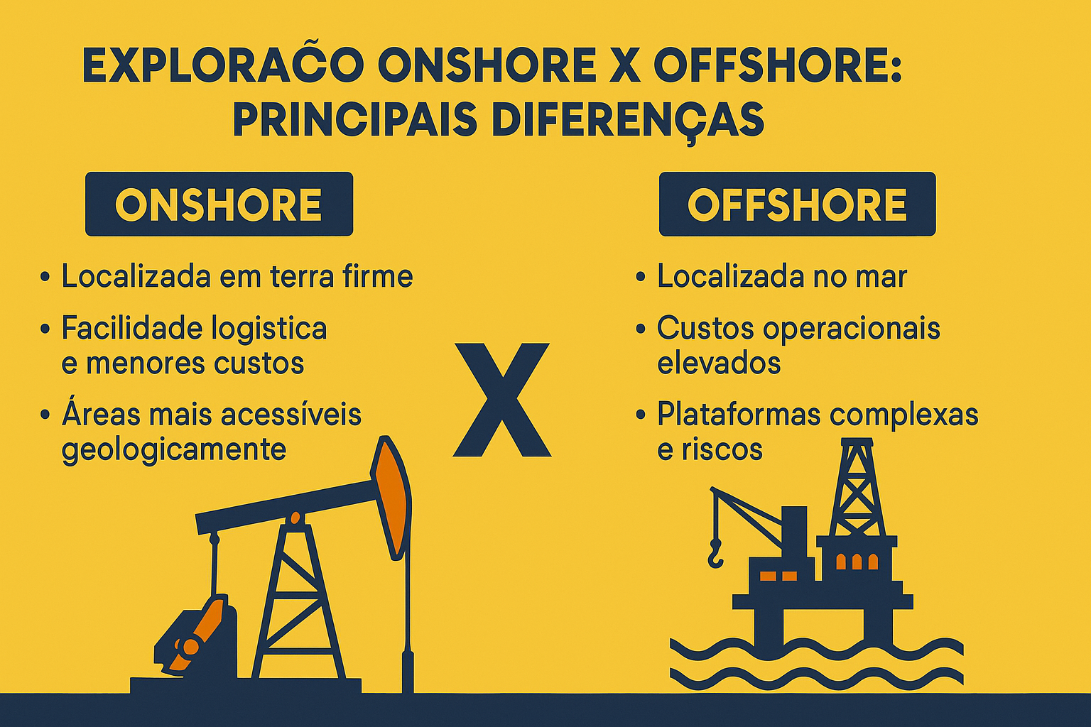 Infográfico comparando as principais diferenças entre a exploração onshore e offshore, com ilustrações de bomba de petróleo em terra e plataforma marítima.