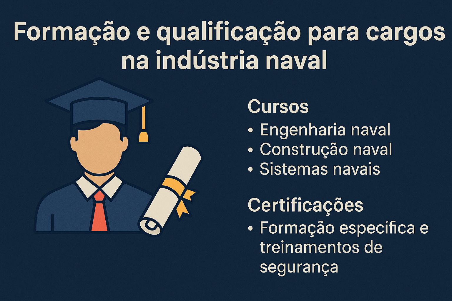 Infográfico com fundo azul escuro apresentando um personagem com beca de formatura e diploma, ao lado de listas com cursos e certificações exigidas na indústria naval.