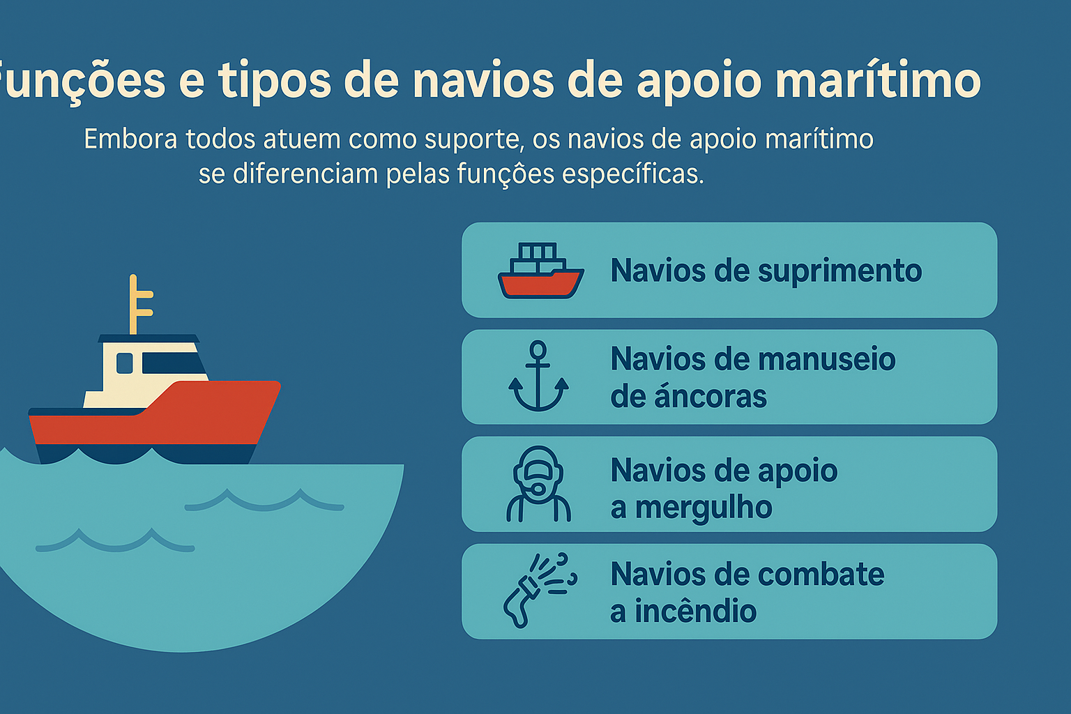 Infográfico ilustrando os principais tipos de navios de apoio marítimo com ícones representando suas funções, incluindo suprimento, manuseio de âncoras, apoio a mergulho e combate a incêndio.