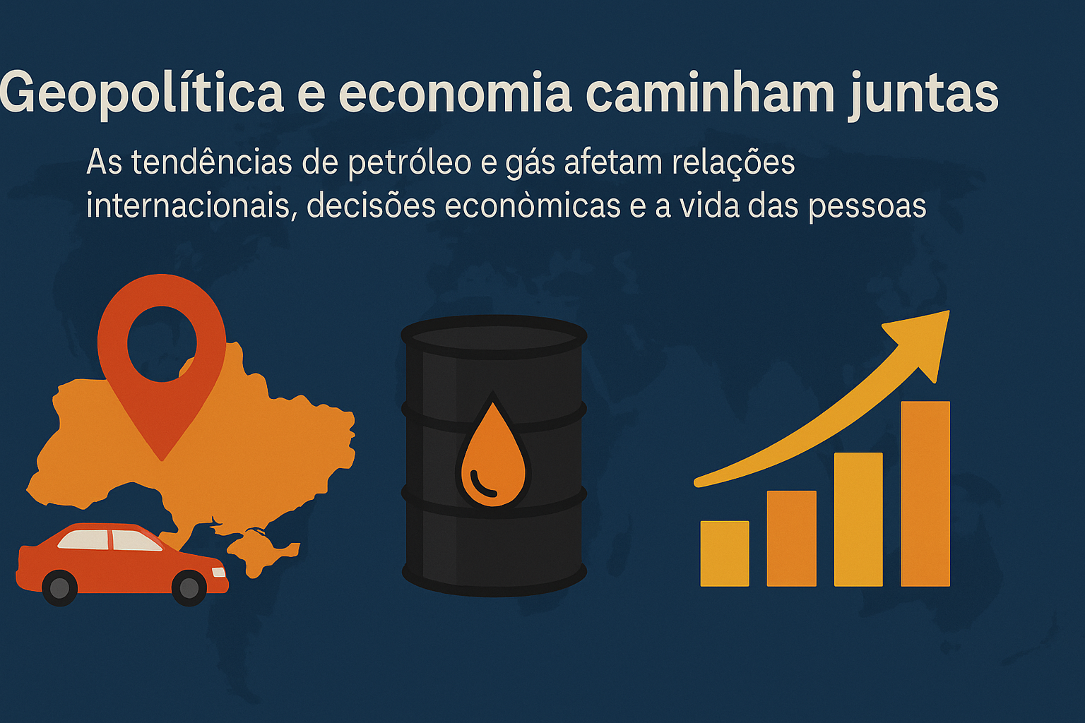 Infográfico sobre a relação entre geopolítica e economia, com mapa da Ucrânia, ícone de petróleo e gráfico de crescimento em fundo azul.
