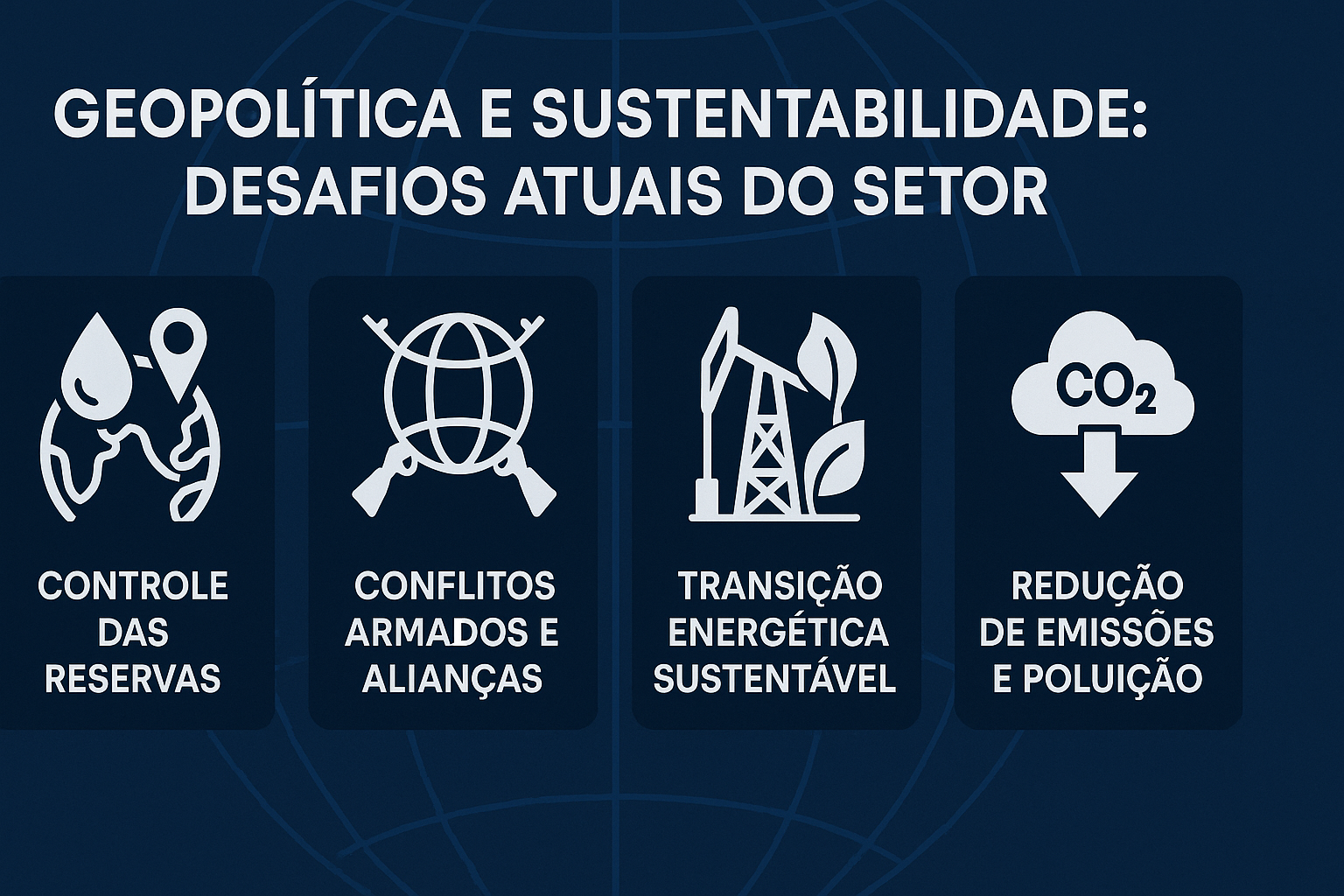 Infográfico sobre os desafios atuais do setor de petróleo e gás relacionados à geopolítica e sustentabilidade, com ícones representando controle de reservas, conflitos armados, transição energética e redução de emissões.