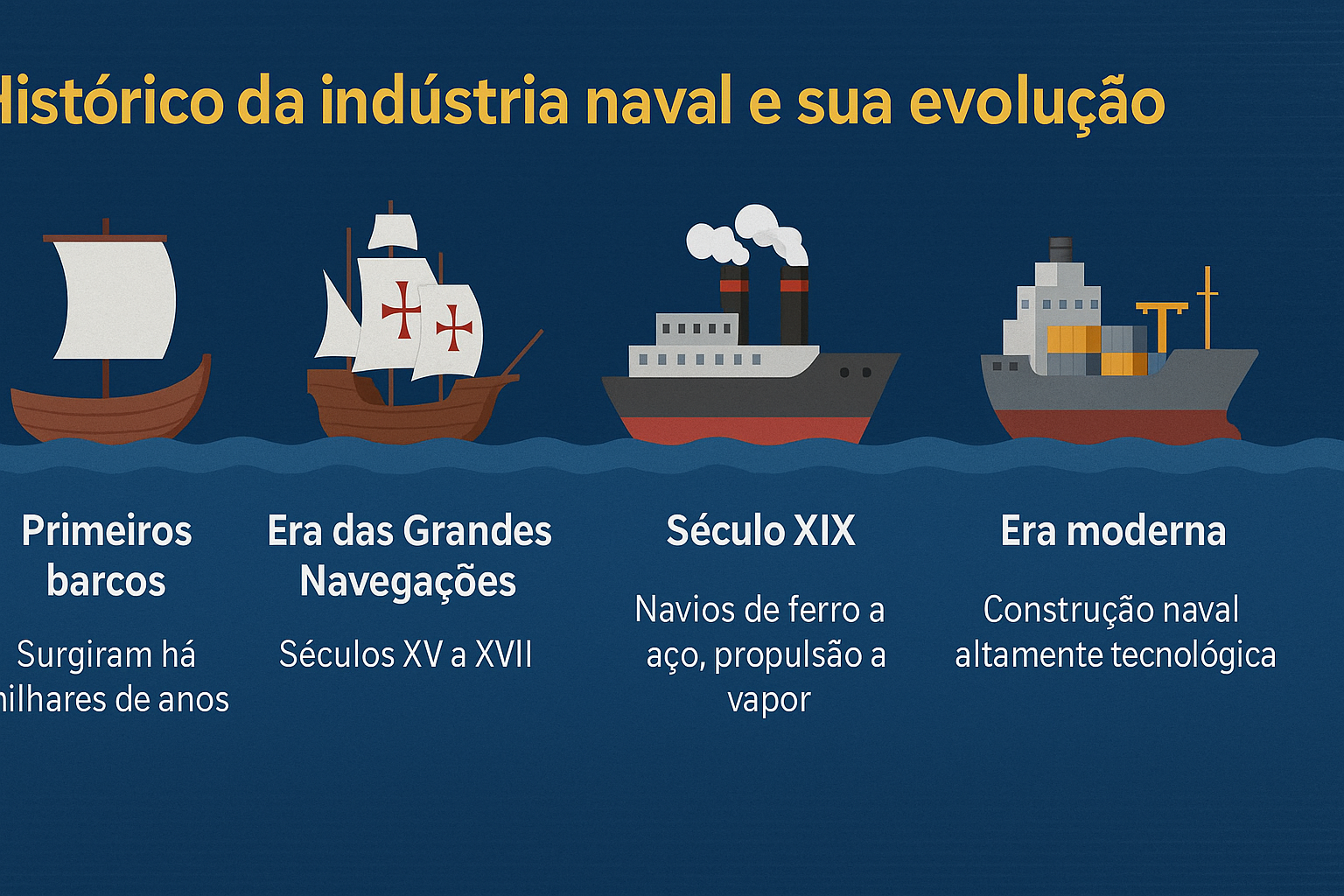 Infográfico com linha do tempo ilustrada da evolução da indústria naval, desde os primeiros barcos até a era moderna.