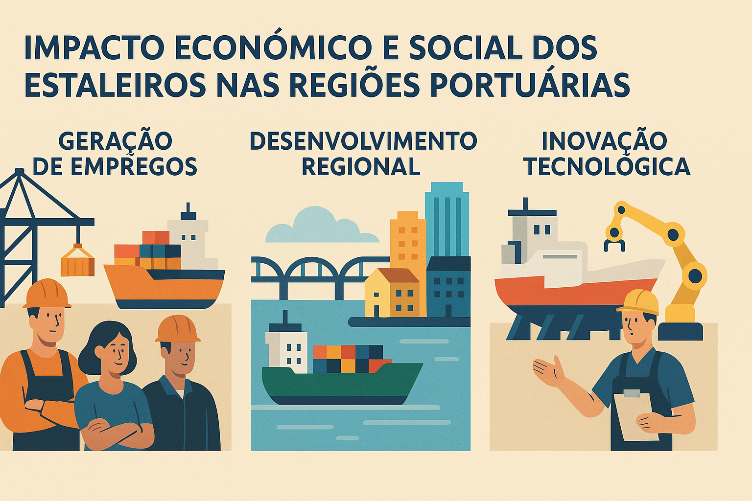 Infográfico colorido em estilo flat mostrando os impactos econômicos e sociais dos estaleiros nas regiões portuárias, com ilustrações de trabalhadores, navios, portos e tecnologia industrial.