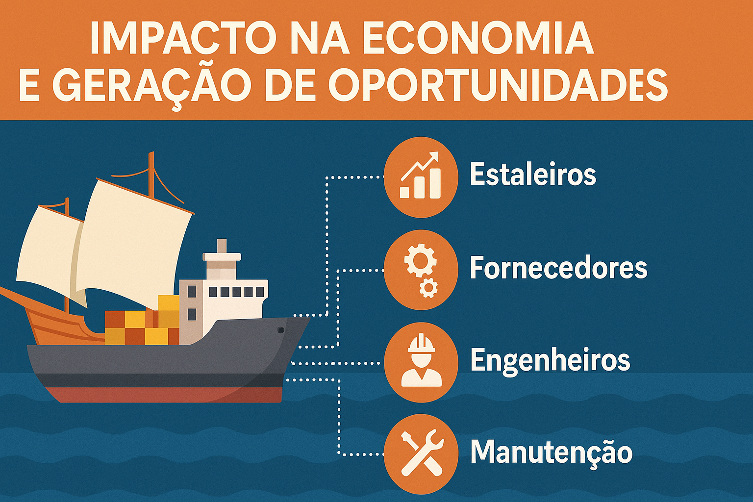 Infográfico mostrando um navio cargueiro no mar conectado por linhas pontilhadas a ícones representando estaleiros, fornecedores, engenheiros e manutenção.