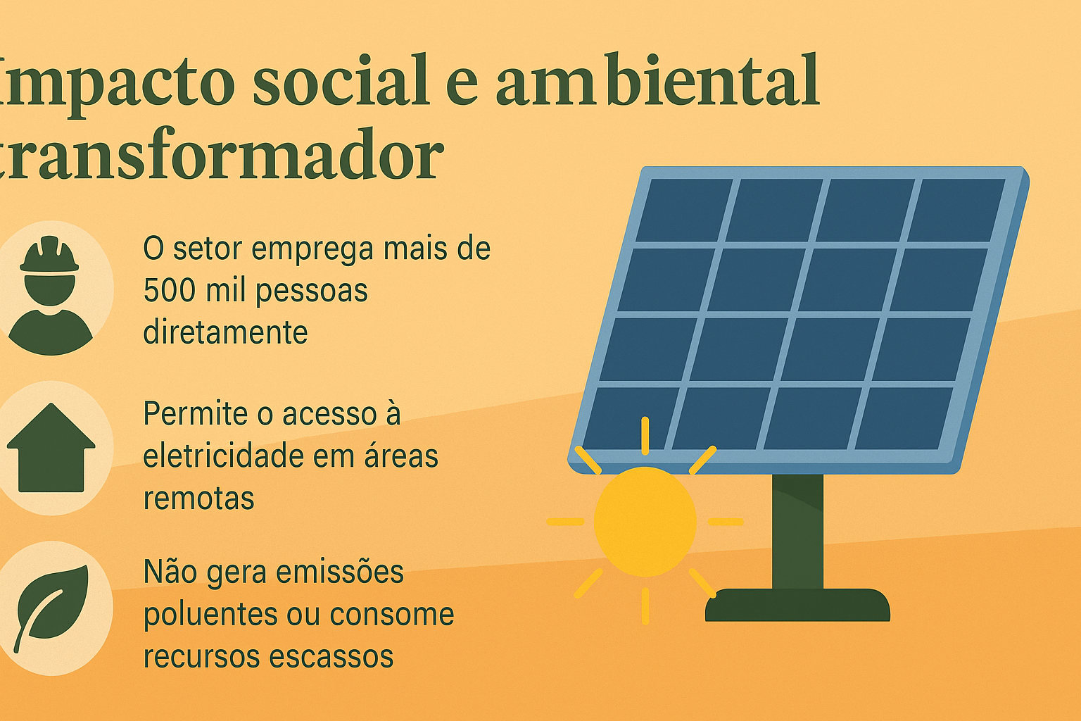 Infográfico sobre o impacto social e ambiental da energia solar no Brasil, destacando geração de empregos, acesso à eletricidade em áreas remotas e benefícios ambientais.