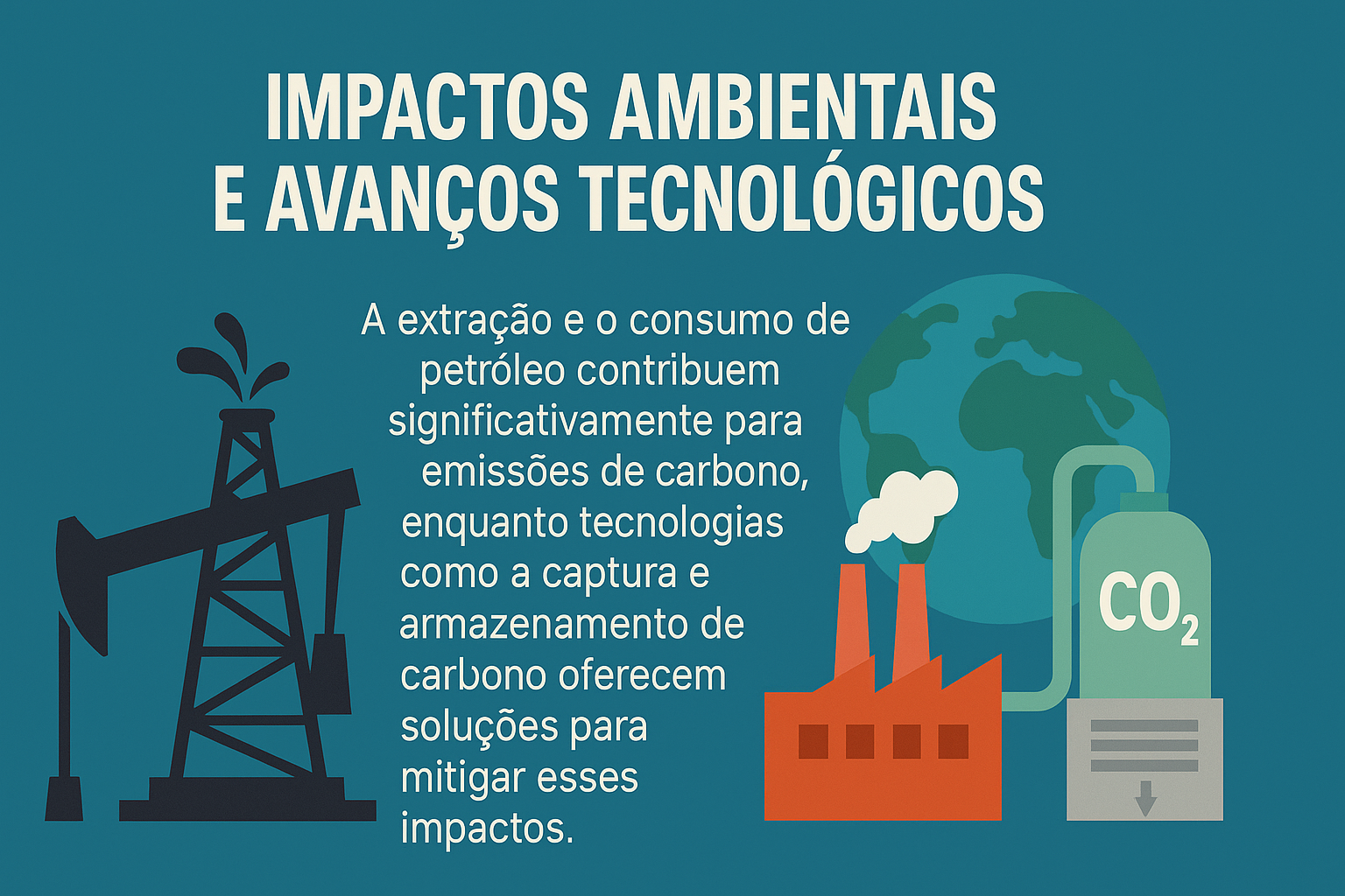 Infográfico sobre os impactos ambientais da extração de petróleo e os avanços tecnológicos como a captura e armazenamento de carbono, com ícones de bomba de extração, fábrica, globo terrestre e cilindro de CO₂, em fundo azul.