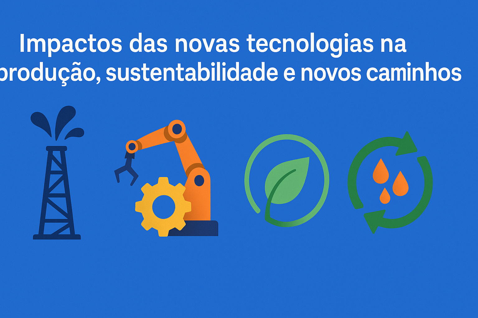 Infográfico digital em estilo flat design com ícones de uma torre de petróleo, um braço robótico com engrenagem, uma folha verde e um símbolo de economia circular com gotas, representando tecnologia, sustentabilidade e inovação no setor energético.