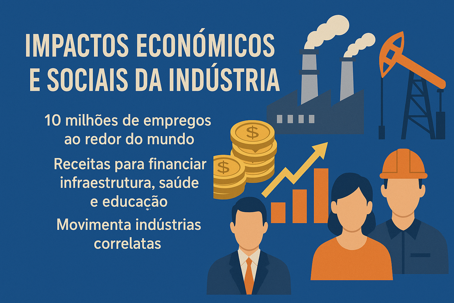 Infográfico sobre os impactos econômicos e sociais da indústria de petróleo e gás, com ícones representando fábrica, moedas, gráfico de crescimento e trabalhadores, sobre fundo azul.