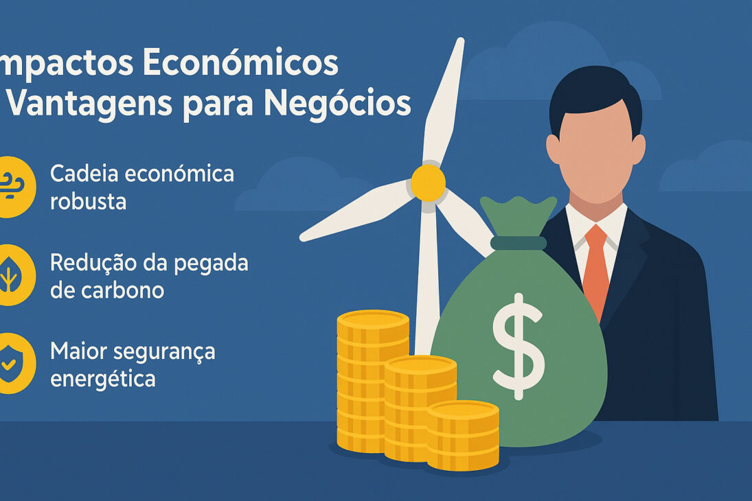 Infográfico ilustrando os impactos econômicos e vantagens para negócios da energia eólica offshore, com ícones, turbina eólica, moedas e empresário.