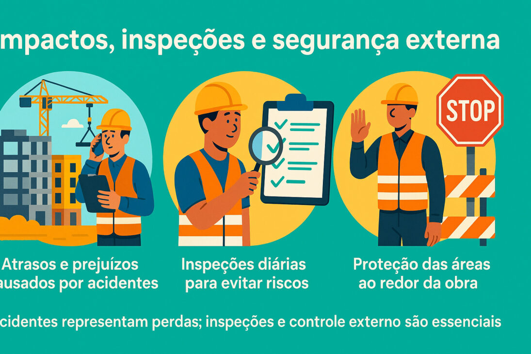 Infográfico sobre segurança externa em grandes construções, com foco em impactos de acidentes, inspeções diárias e proteção das áreas ao redor da obra.